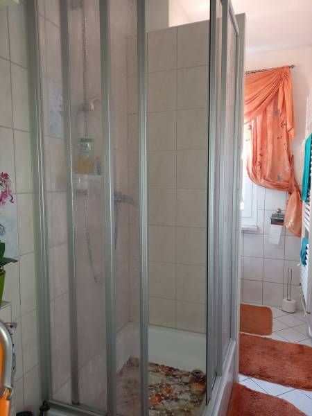 Badezimmer mit Dusche und Fenster